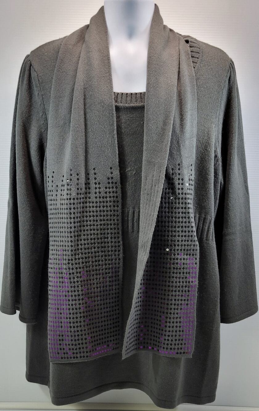 B) Style & Co Woman Acrylic Pullover Gray Sweater with Scarf 2X
